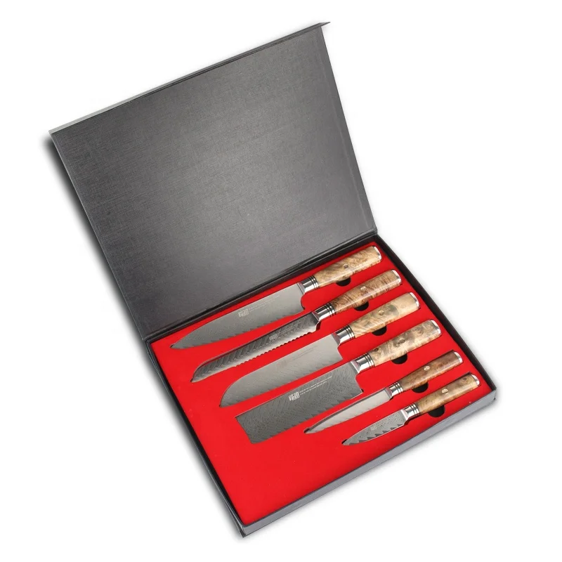 Damascus Messer Set 6pcs Kitchen Cooking Stainless Steel Knife Set Kitchen Damascus Knives Sets With  Wood Handle