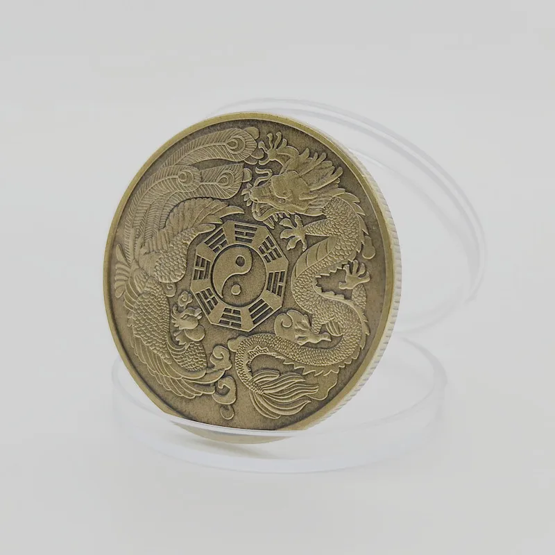 Taiji Yin Yang Bagua Medal, Dragon and Phoenix Antique Bronze Decorative Coin, Classical Taoist Philosophy Token, Creative Toy