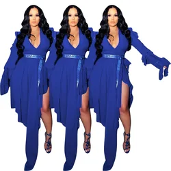 Allure Couture Floor-Length Bluey Apparel Sexy Party Dress Flared Long Sleeves V-Neck Solid Color Women Dress