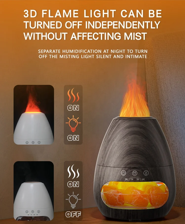 3D Flame Aroma Diffuser with Salt Stone Luxury Seven-Color or Warm and Blue Option Quiet Stylish Design