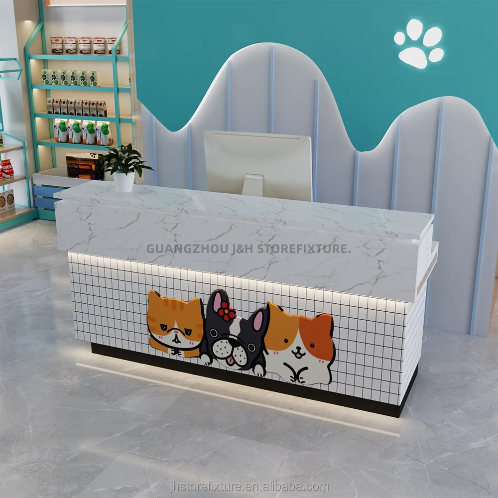 High quality retail supermarket white mdf cashier table with led light custom logo size checkout counter