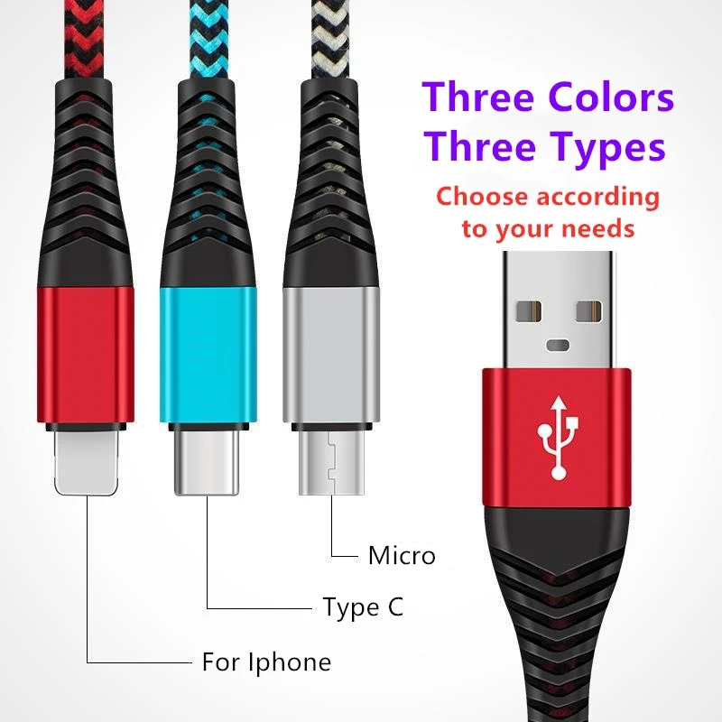 
3A Anti-fracture Nylon Braided Fast Charging Charger Tipo C Micro Type-c Usb Cable For Iphone Samsung 
