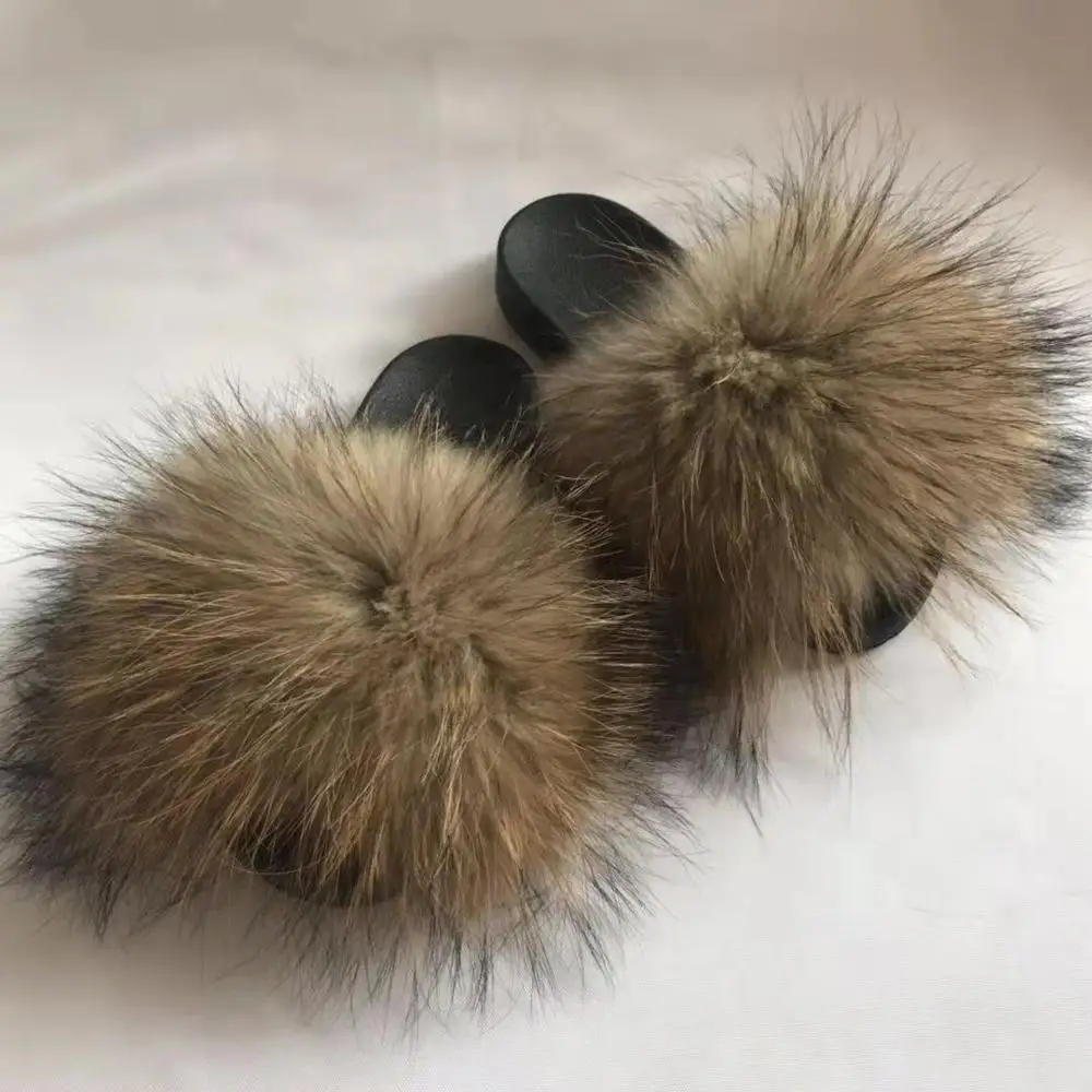 Cheap wholesale natural raccoon fur slippers slides sandals for girls