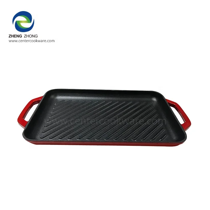 Wholesale cookware Rectangle Enamel Cast Iron Induction baking Roasting Grill Plate Griddle Bbq Plate Grill Pan
