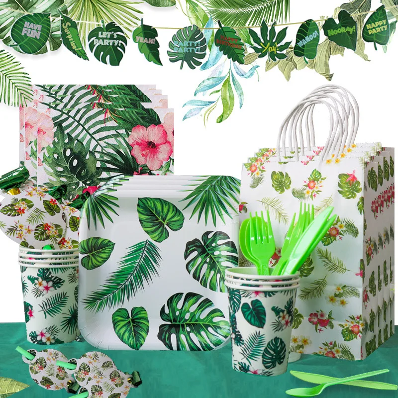 Summer Tropical Party Hawaiian Party Decor Palm Leaves Bunting Banner Paper Plates Cup Napkins Disposable Tableware Set