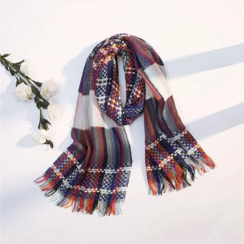 Вязаный цветной шарф в полоску на осень/зиму, длинный плотный теплый шарф с бахромой