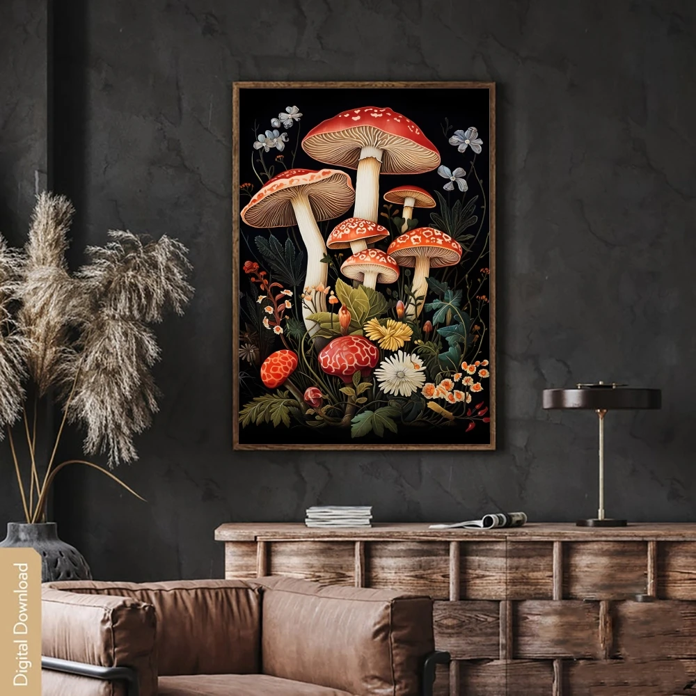 Dark Fantasy Nature Wall Decor Preppy Botanical Mushroom Poster Framed in Art Deco Style for Whimsical Dormitory Home Decor