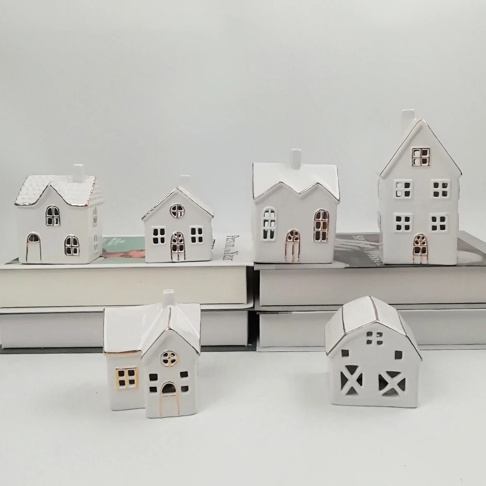 Wholesale Porcelain Lighted Customized House Tealight Holder White Ceramic Christmas Village Houses
