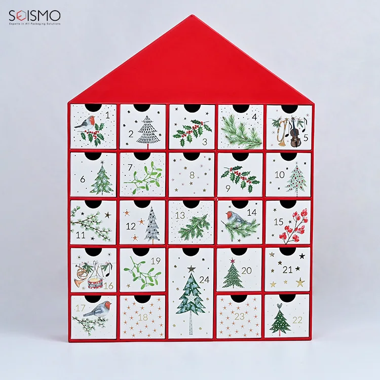 Custom cube shaped  24 Days Of Empty Cookie Christmas Tree Cardboard With Drawer Advent Calendar Gift Packaging Box For Sale