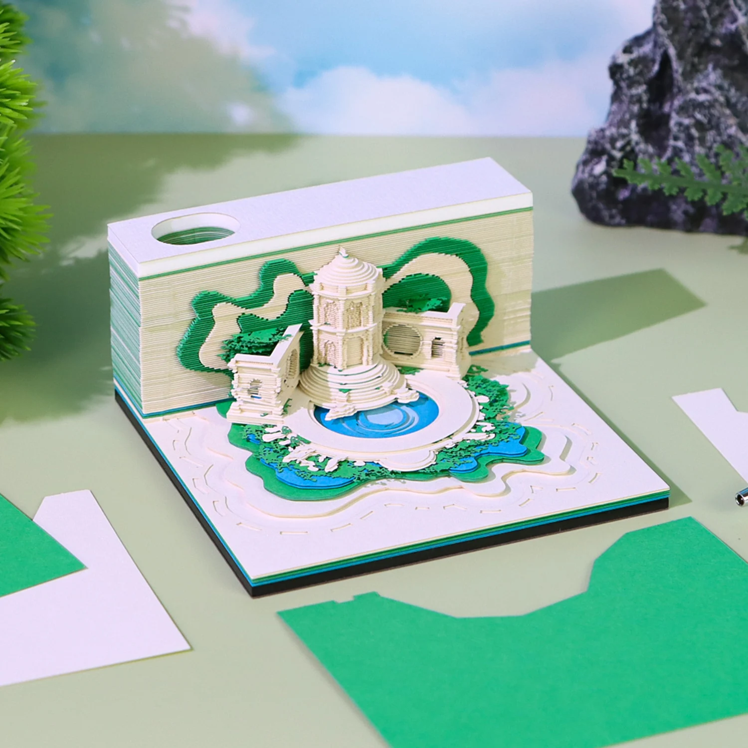 3D Paper Art Craft Memo Pad Oasis Garden Building Laser Cut Paper Notes Tear Off Custom 3D Model Paper Block Cube For Bookmark