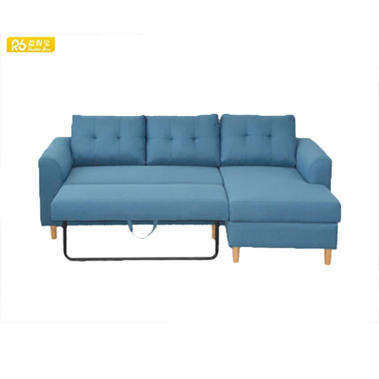New Design Space Saving Sofa Beds Fabric Material L Shape Functional Living Room Furniture Linen Blue Sofa Bed