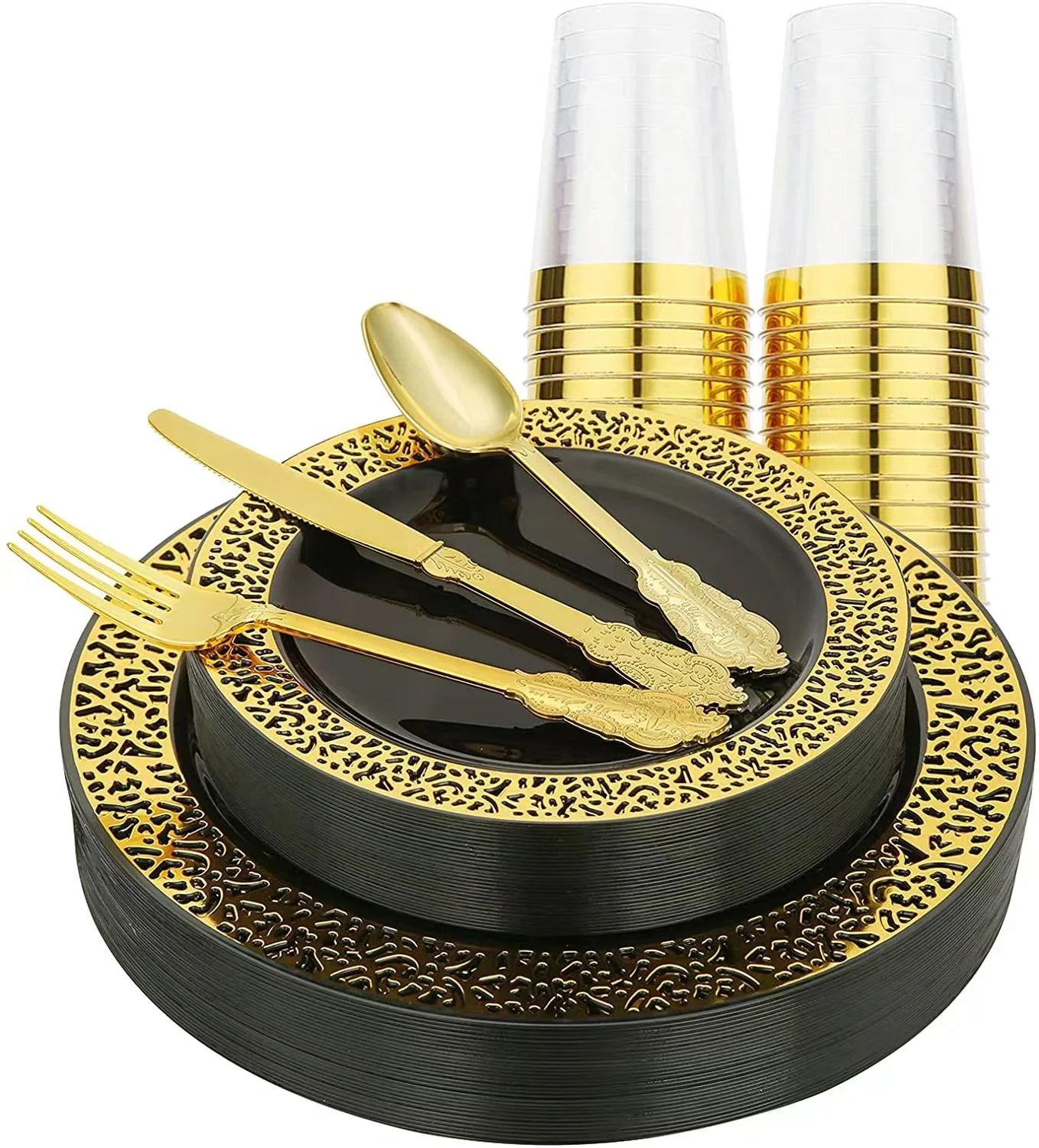 China wedding party gold/silver/rose gold color custom disposable plastic plates sets and tableware