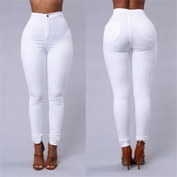 QC Candy color high waist women pants buttons skinny stretch denim jeans white jeans