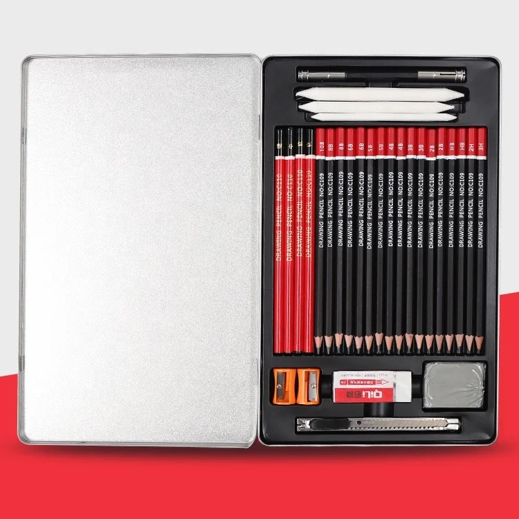 Professional Drawing Stationery Wood Material Sketching Pencil Set Black Tin Box Office & School Wooden Pencil