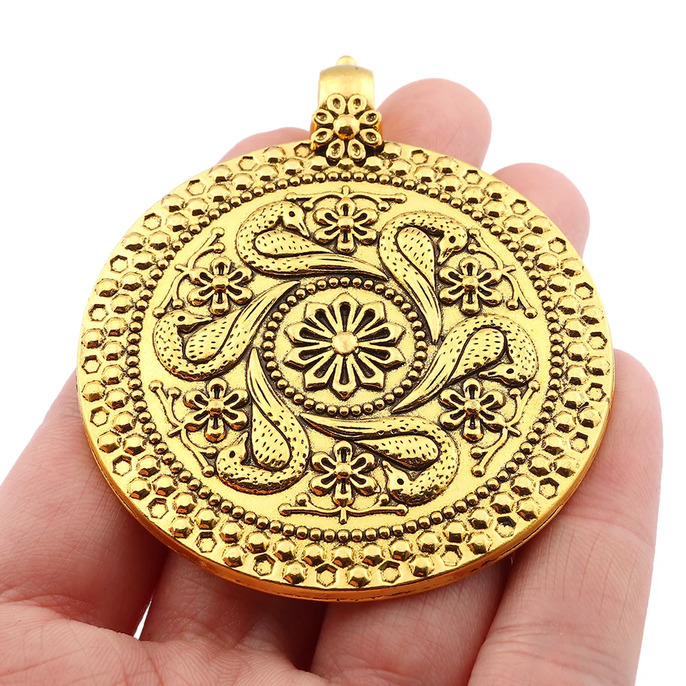 Antique Gold Plated Large Bohemia Boho Medallion Round Charms Pendants for Necklace Jewelry Making Findings 68x60mm