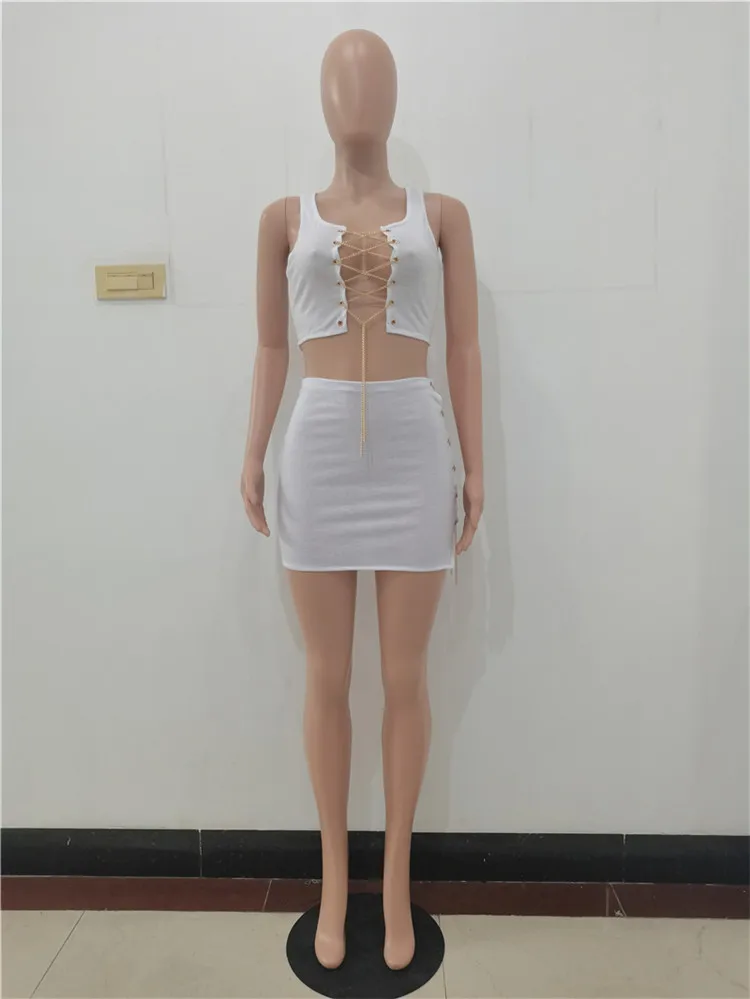 Summer 2021 New Women Fashion Sexy Bandage Chain Crop Top And Mini Skirts Two Piece Set Outfits