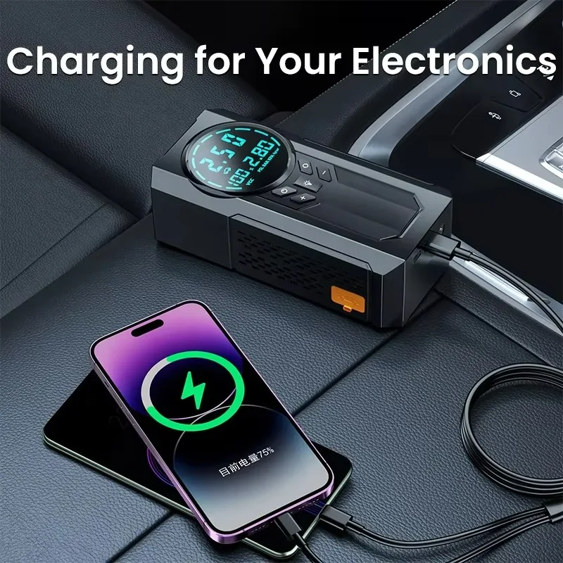 4-in-1 Portable Car Emergency Jump Starter Battery Booster 15000mAh Lithium Battery with Power Bank Tire Inflator Pump LED Light