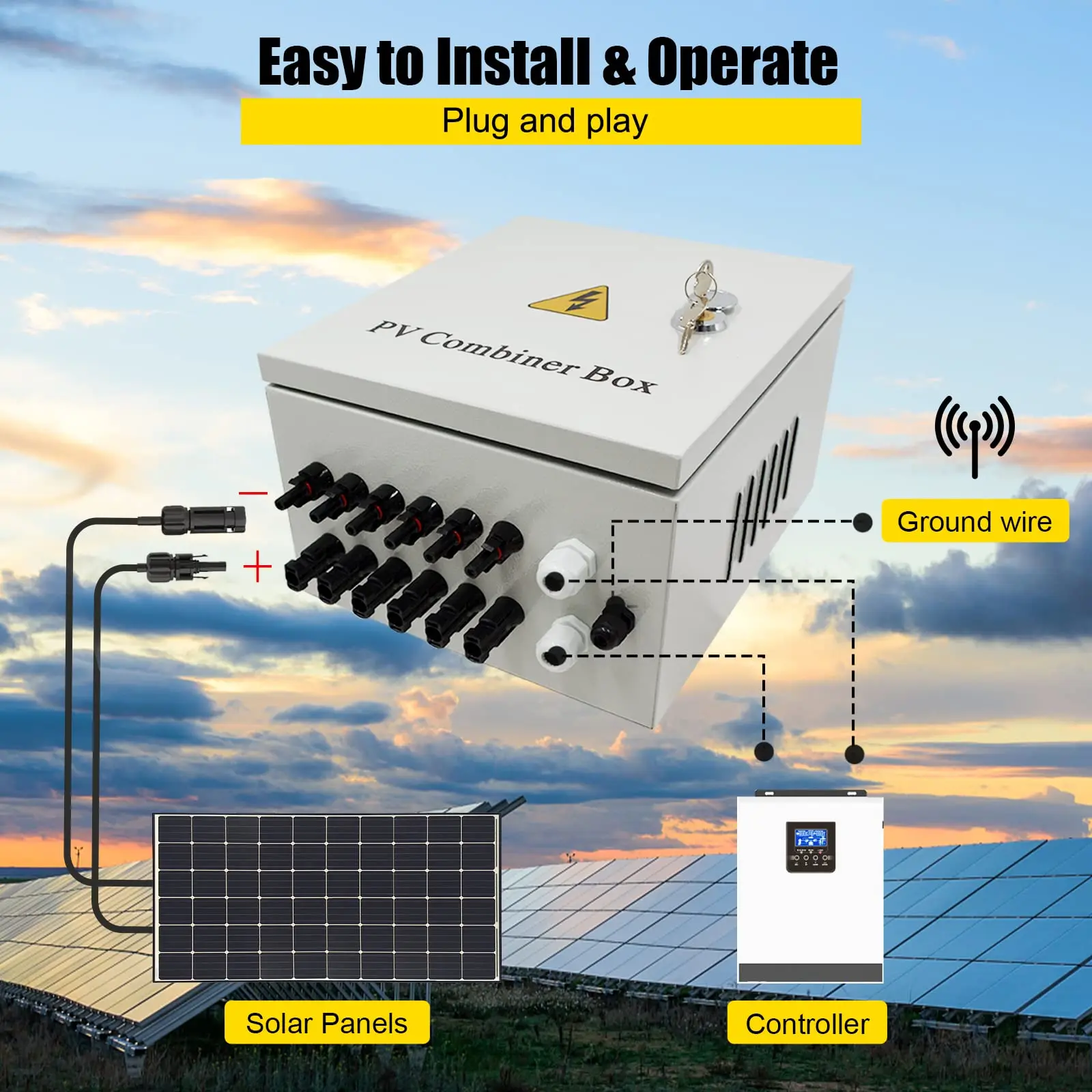 6String Metal Solar Combiner Box DC Solar Panel PV Junction 63A Circuit Breaker IP65 Waterproof Fuse Lightning Protect Indicator