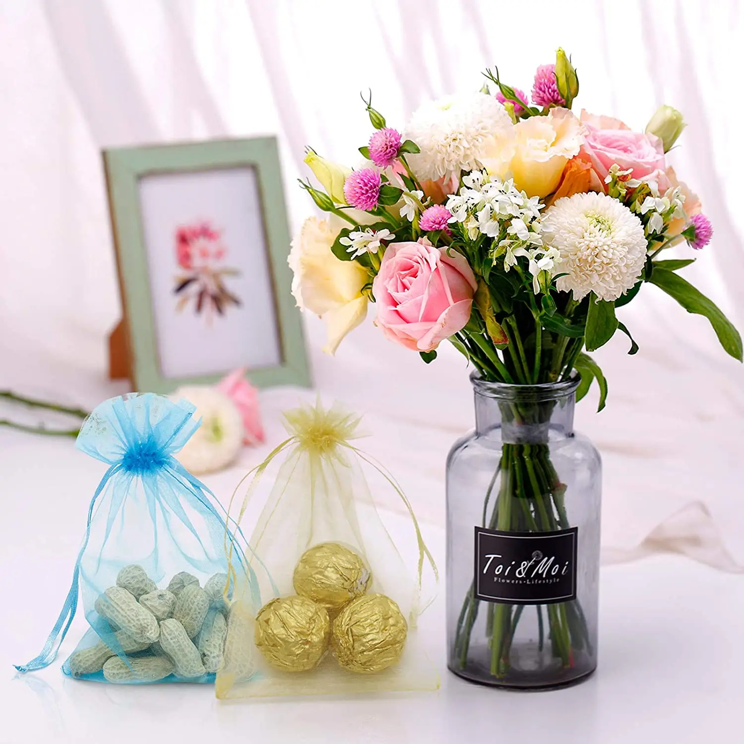 Printing  Custom Logo Organza Pouch  With Drawstring