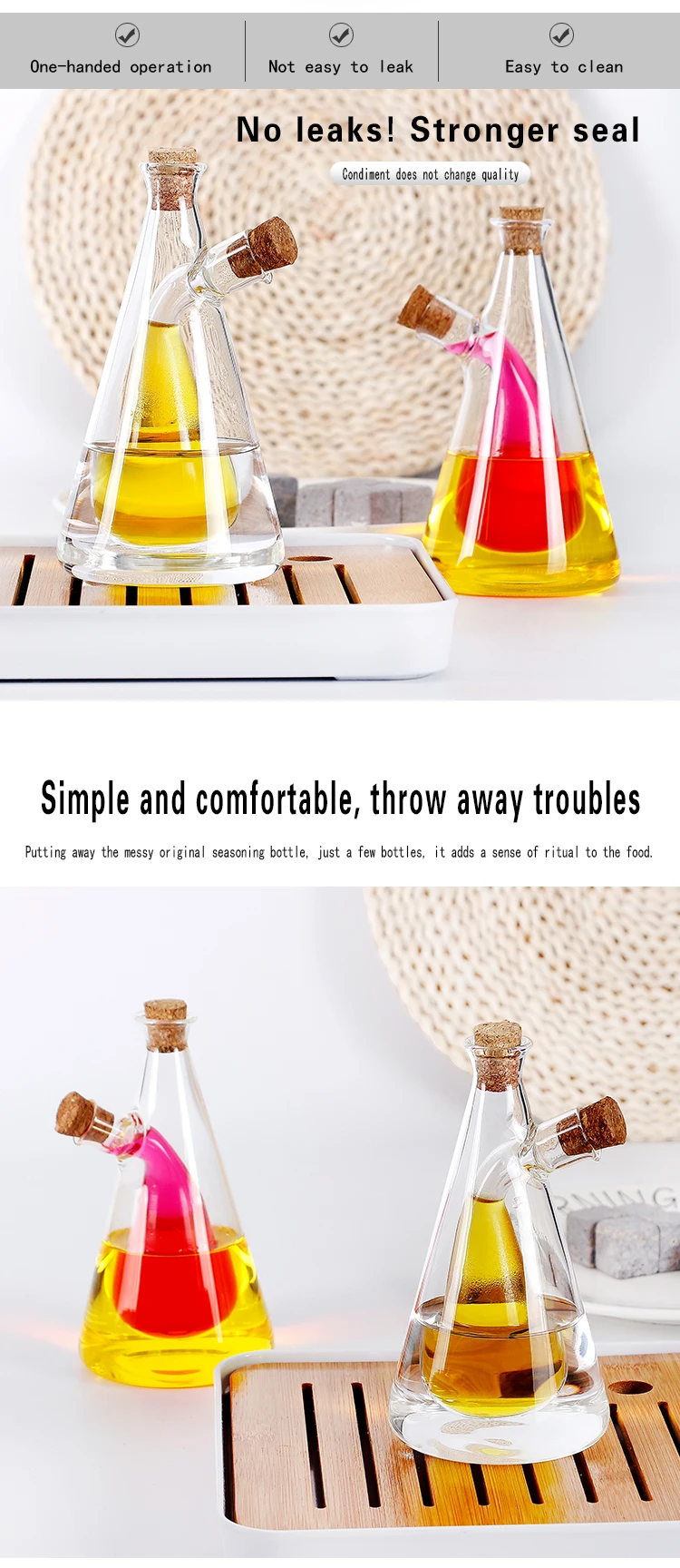 Amazon Hot!!!Novel Design Double Separated Room Glass Cooking Oil Pot Glass Vinegar Pot Kitchen Utensil with Hermetic Cork Lid