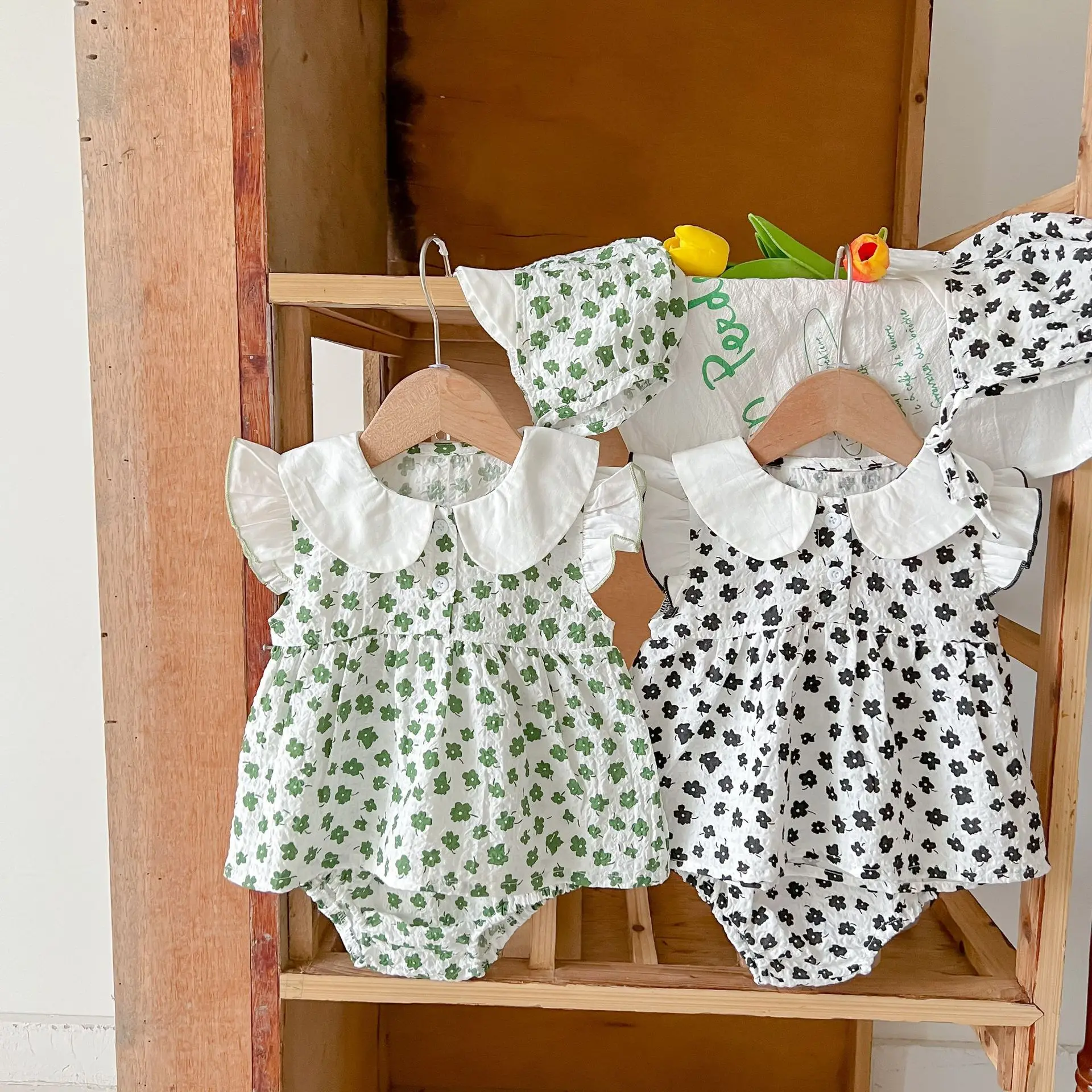 3 Pcs Baby Clothes Set with Bonnet Seersucker Baby Dress Floral 100% Cotton Peter Pan Top & Shorts Set Boutique Baby Clothes Set