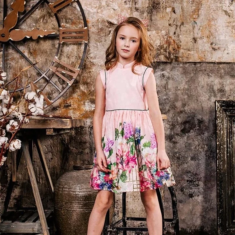 Huaduo OEM/ODM Summer Design Girls Flower Print Style Dress Kids Princess Dresses For Girls Children Party Dress 4-14 Years Old