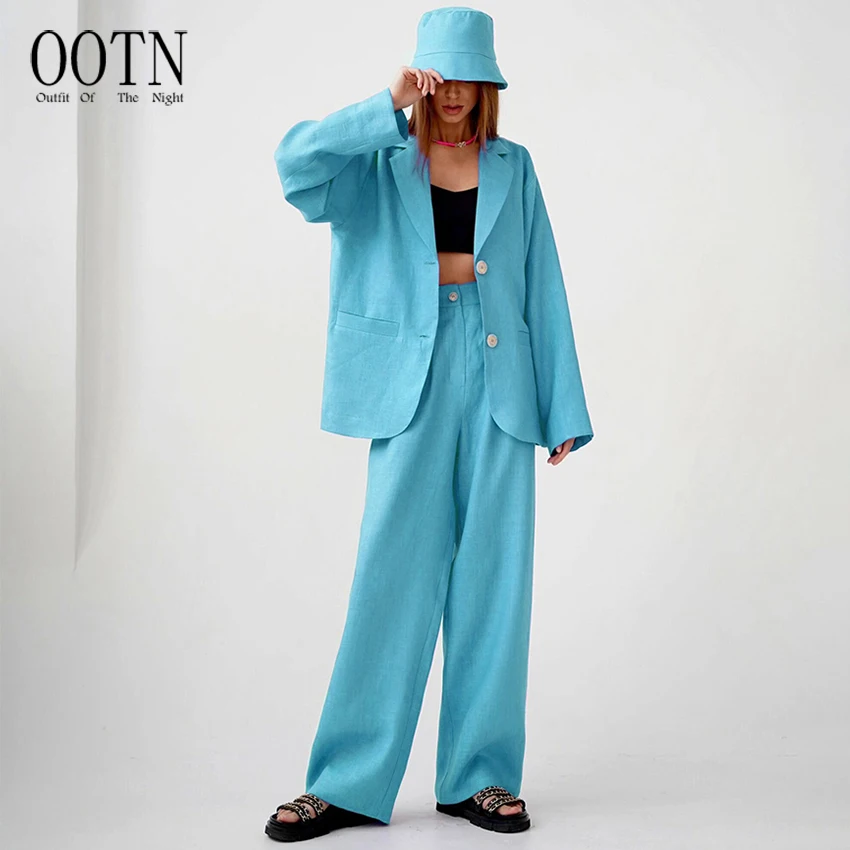 OOTN 2023 Autumn New Thin Cotton And Linen Jackets+wide Leg Pants 2 Piece Set  Women Elegant  Single Breasted Blazer Suit