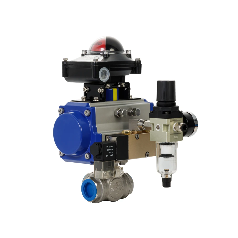 3Way ball valve with pneumatic actuator double acting 90 degree movement HAT75D Max pressure 10bar