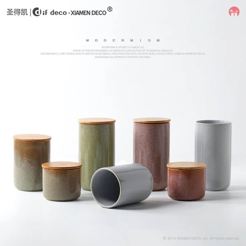 Reactive Glaze Porcelain Cans Kitchen Food Storage Salt Sugar Tea Container with Bamboo Lid