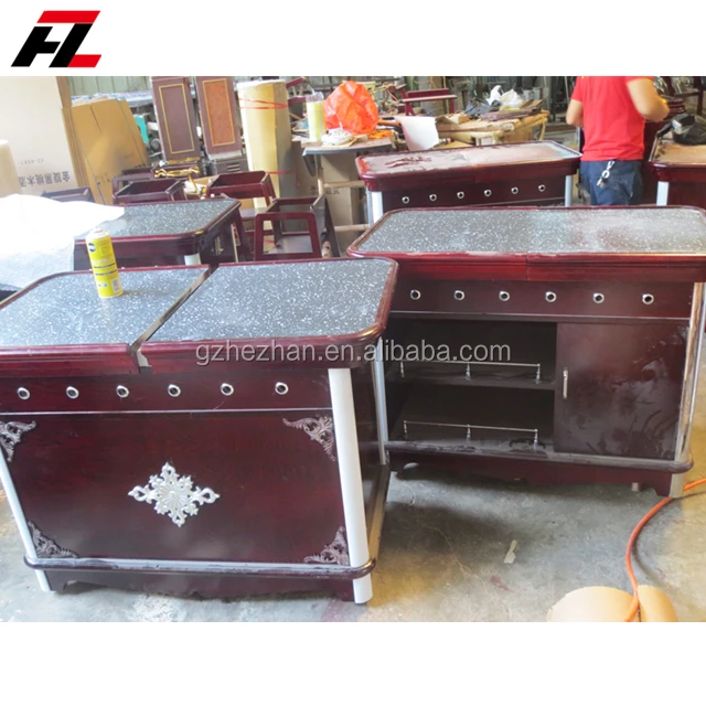 
Luxury Food service Flambe Trolley with double gas stoves and wheels 