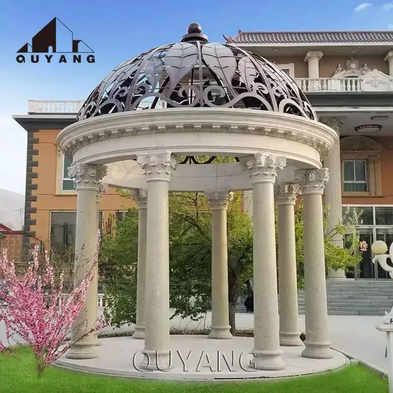 QUYANG Custom Outdoor Garden Wedding Decorations Large Beige Marble Stone Gazebo with Column