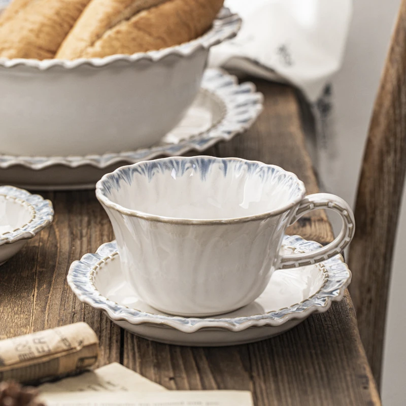 French Porcelain Plate Household Soup Bowl Blue Flower Edge Ceramic Coffee Cup Saucer Dinnerware Small Sauce Dish Square Tray