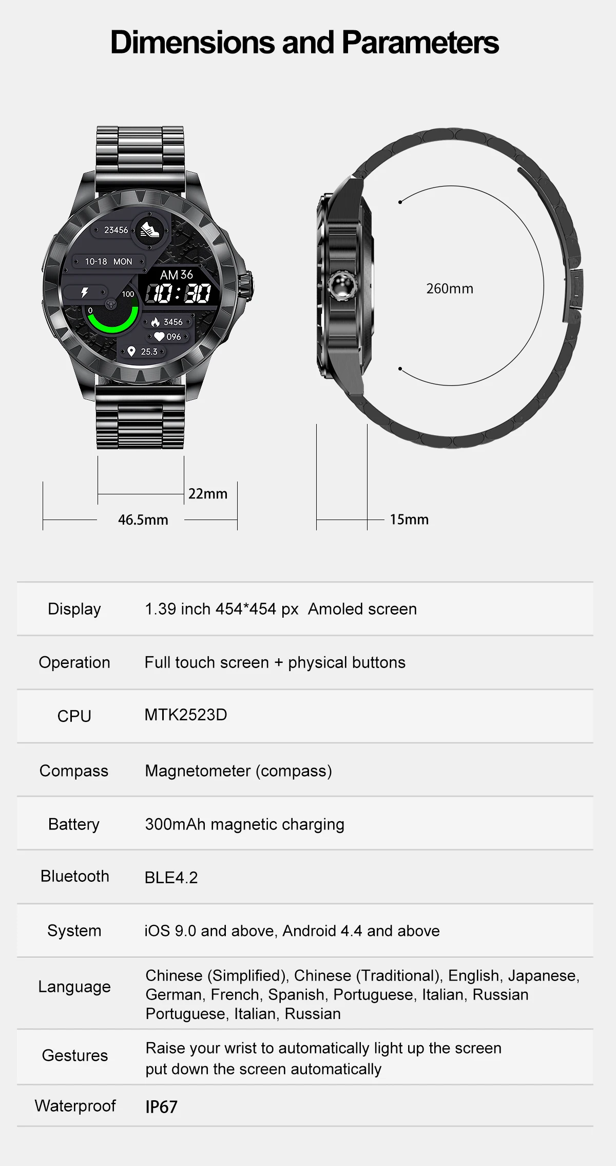 Lemfo 2022 new arrival LEMZ MTK2523D 1.39 AMOLED screen 454*454 resolution ECG+PPG smart watch with BT call stainless steel