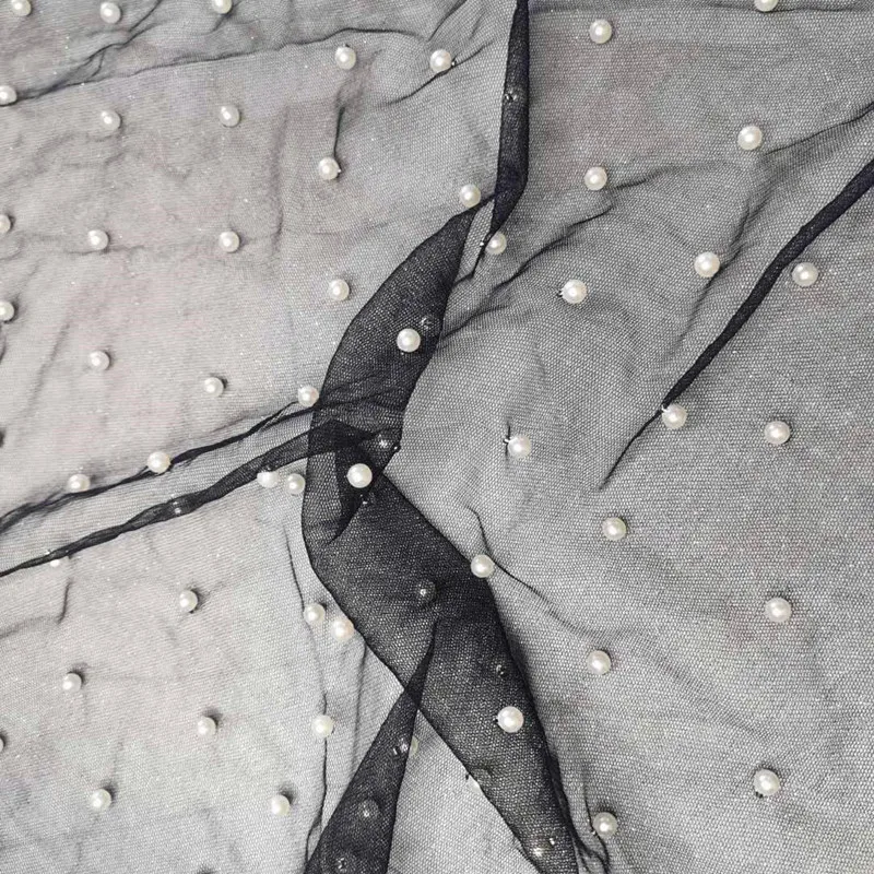 Poly Mesh with Pearl Fabric Embroidery Customized Design Lace Beads 100% Polyester Embroidered Eco-friendly Support