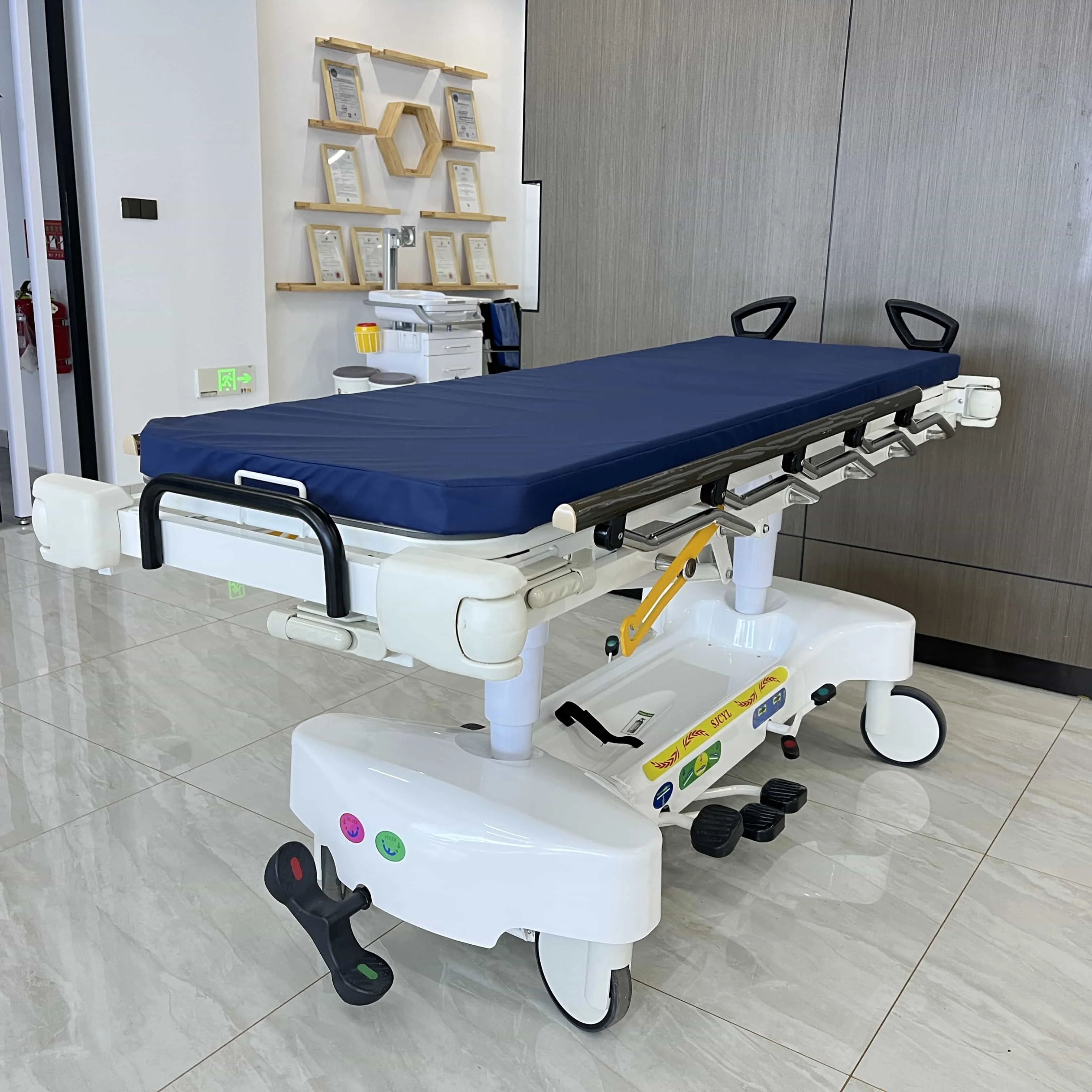 Luxurious height adjustable hospital medical hydraulic emergency 2 layers transfer patient stretcher trolley bed
