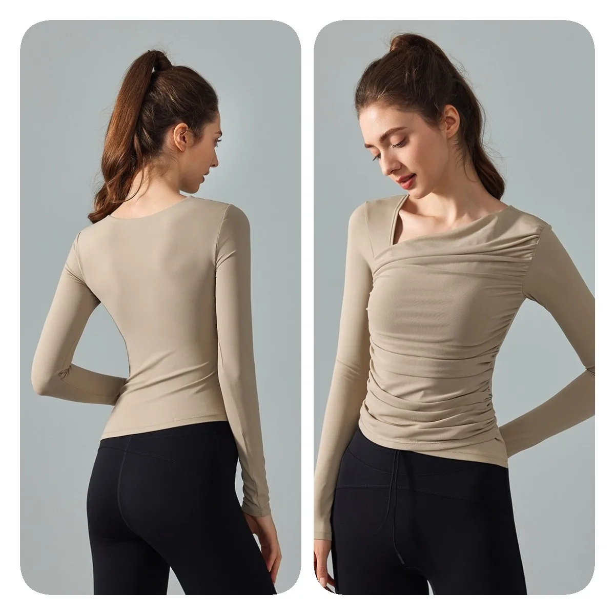 YISHENHON New Diagonal Collar Yoga Long Sleeve T-shirt Gauze Patchwork Sports Top Slimming Fitness Top With Chest Pad Fashion