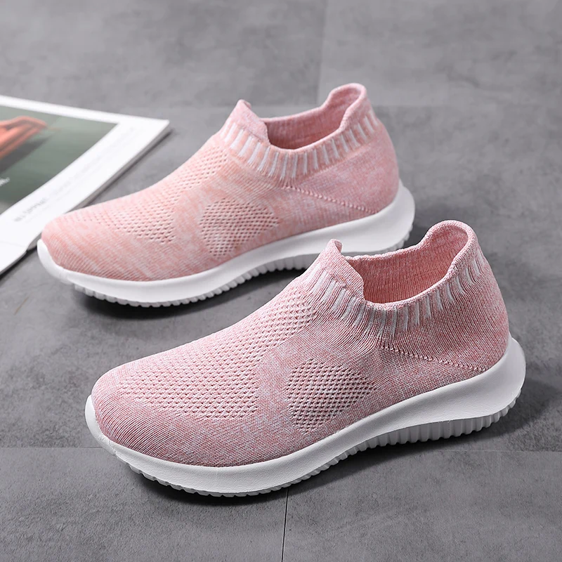 Custom Breathable Light Weight Running Walking Shoes with Logo Women Fashion Slip on Style Knitting Sneakers