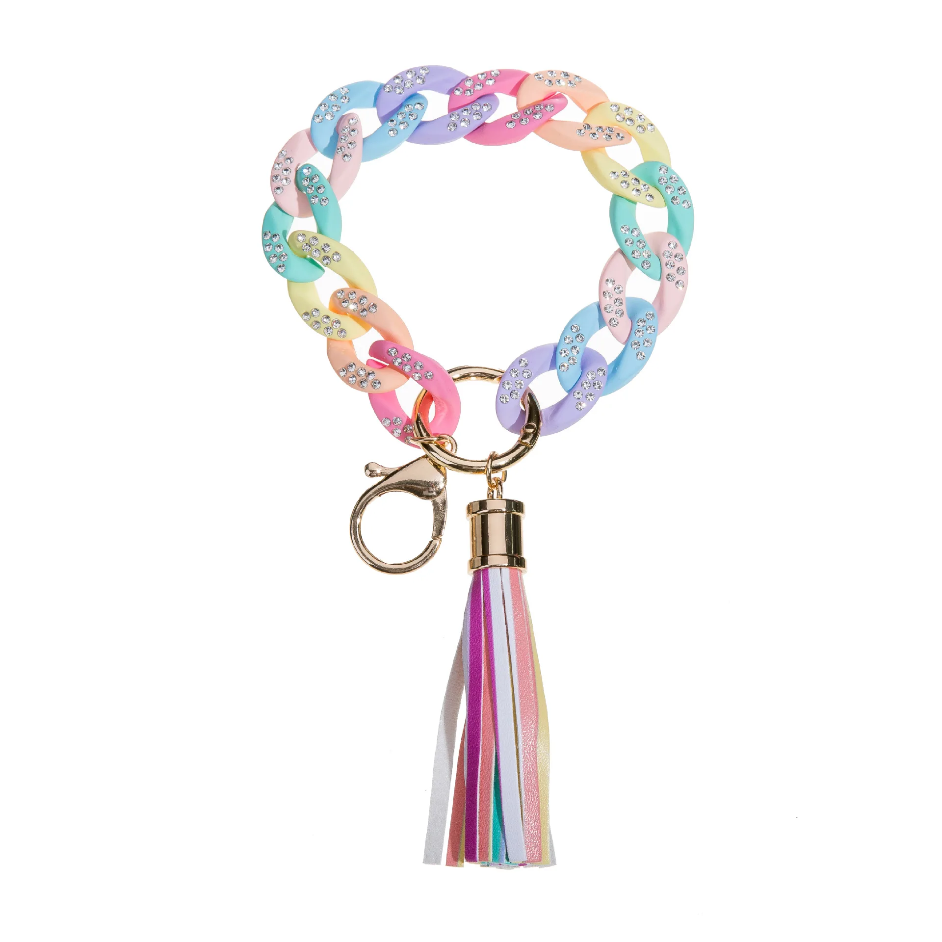 Fashion Rhinestones Acrylic Chain Link Bracelet Keychain Candy Color Resin Key Ring For Women Pu Leather Tassel Bangle Keychain