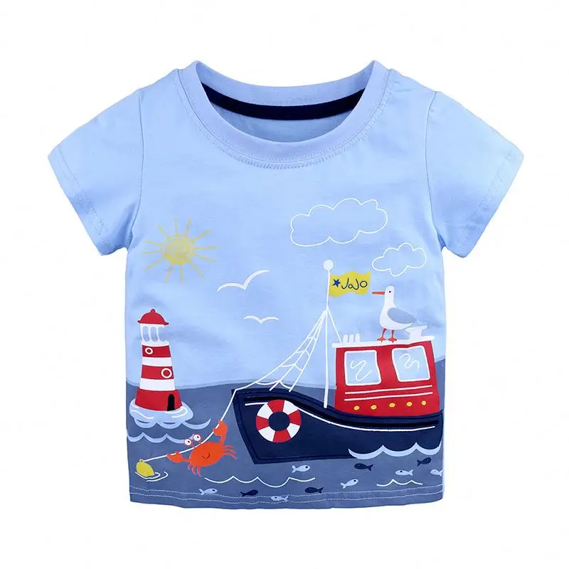 
lyc-2968 Kids Tales wholesale New design blue sea boat cotton baby girls summer polo t shirt 