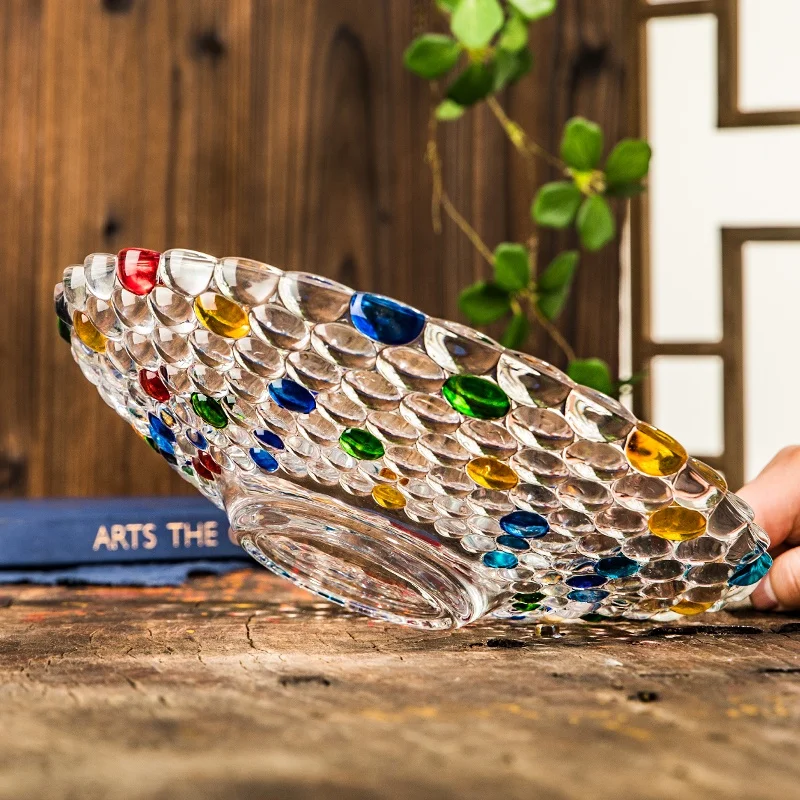 Vintage Hand Painted Crystal Glass Plate Luxurious Embossed Rainbow Fruit Dessert Plate