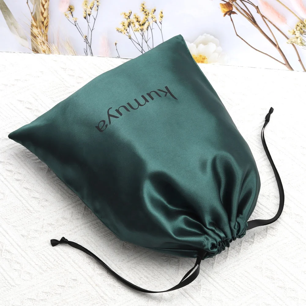 Custom Logo Printed Luxury Green Satin Handbag Shoe Hair Bundle Storage Bag High Quality Drawstring Silk Pouch Satin Dust Bag