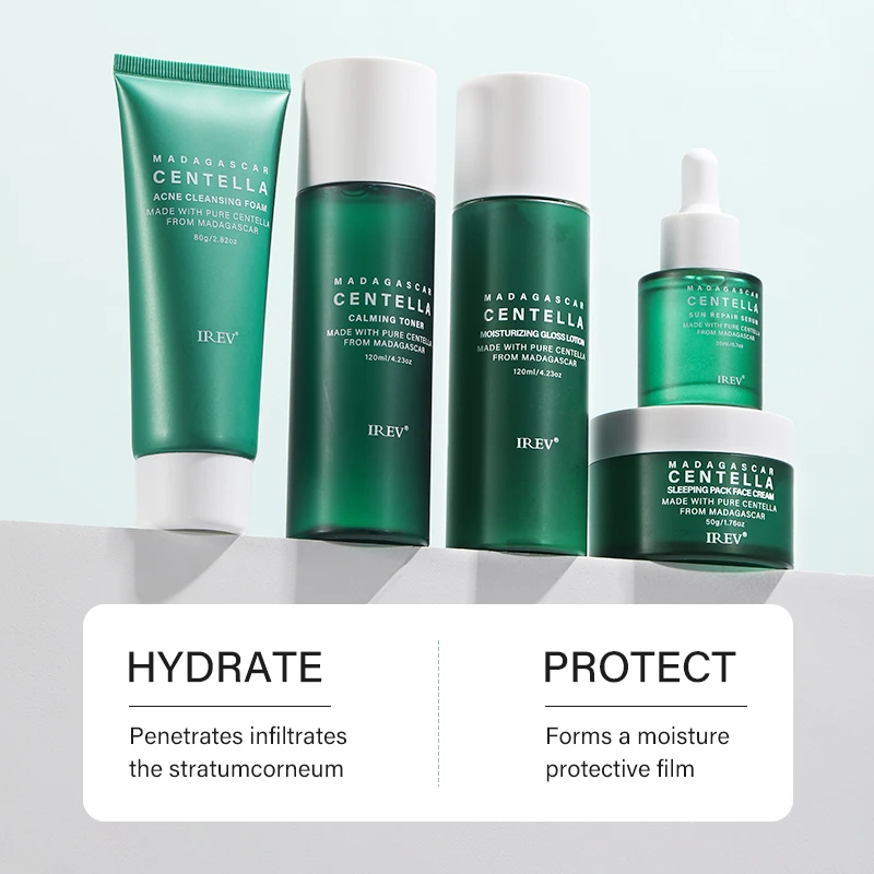 OEM IREV Madagascar Centella Skincare Set With 80g Facial Cleanser Foam 120 ml Toner 20ml Serum 50g Face Cream 120ml Lotion