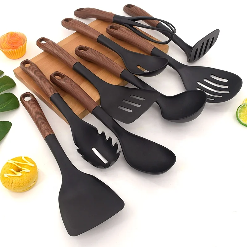 High Quality kitchenware set Cooking Utensils Tools Printing PP Handle Kitchen Utensils Set with Wooden handle