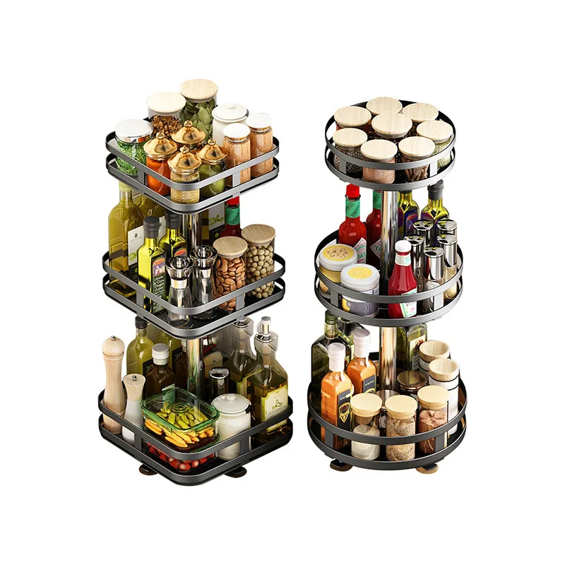 3 Tier Carbon Steel Paint Kitchen Spice Rack 360 Degree Turntable Rotating Seasoning Organizer