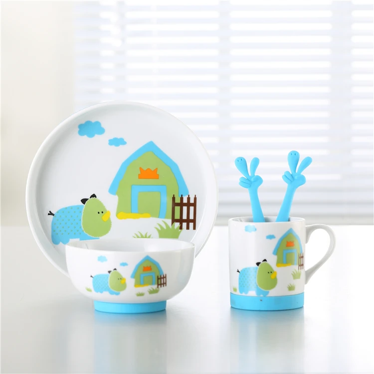 JINYUANLI 5 pcs children use tableware cute pattern porcelain plate and bowl ceramic dinnerware dinner sets with silicone base