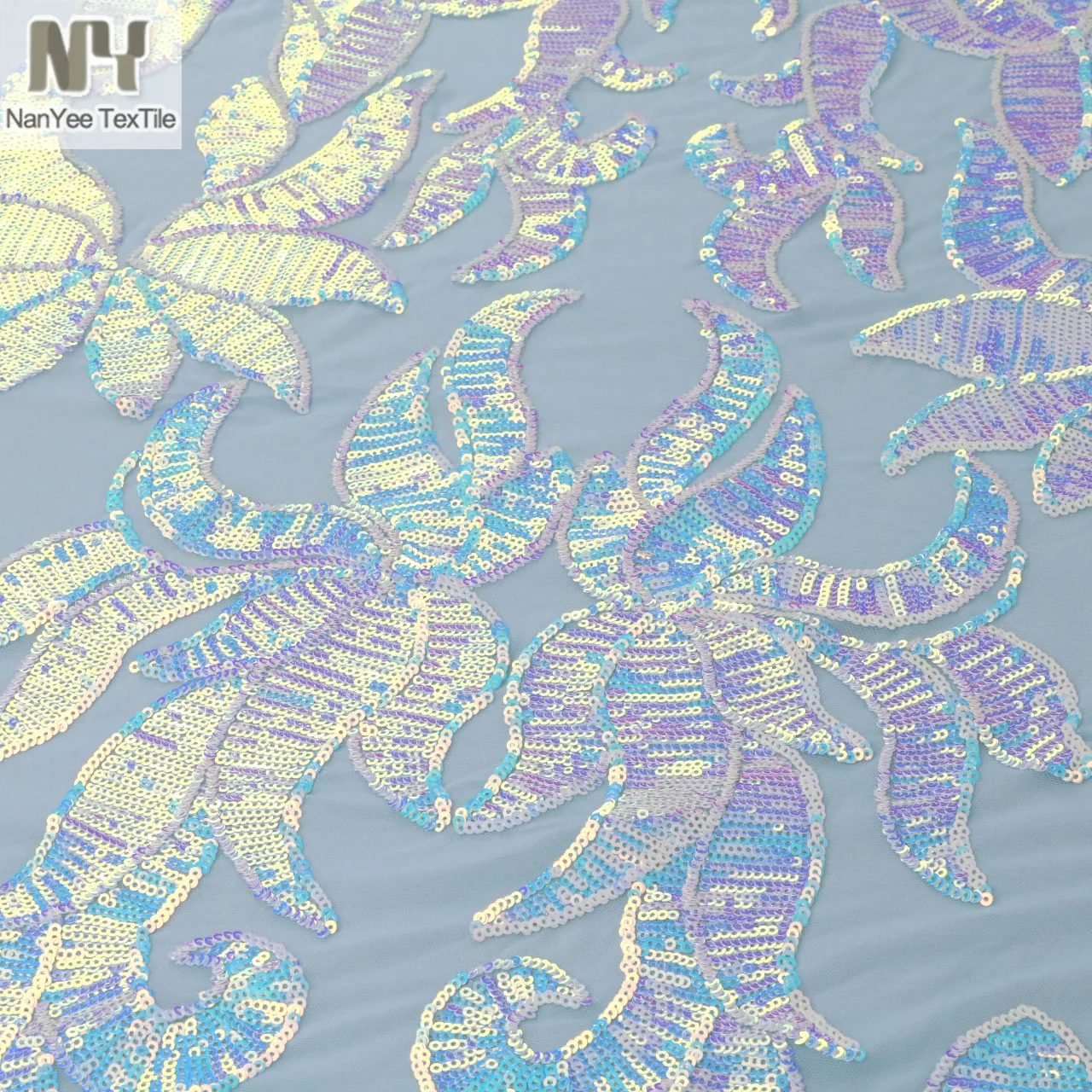 Nanyee Textile 3mm Micro Blue Iridescent Sequin Embroidered On Power Mesh