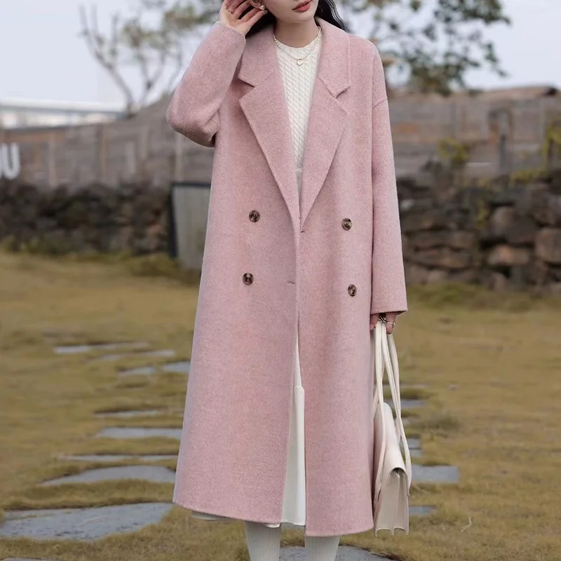 2024 New Winter Coat Elegant Warm Lapel V Neck Double Breasted Long Cashmere Wool Coat for Women