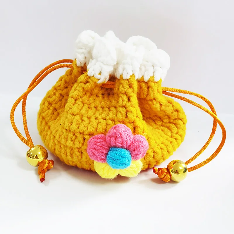 2023 new Korean style small DIY handmade knitted flower pulling storage bag woolen lipstick earphone small bag Coin wallet