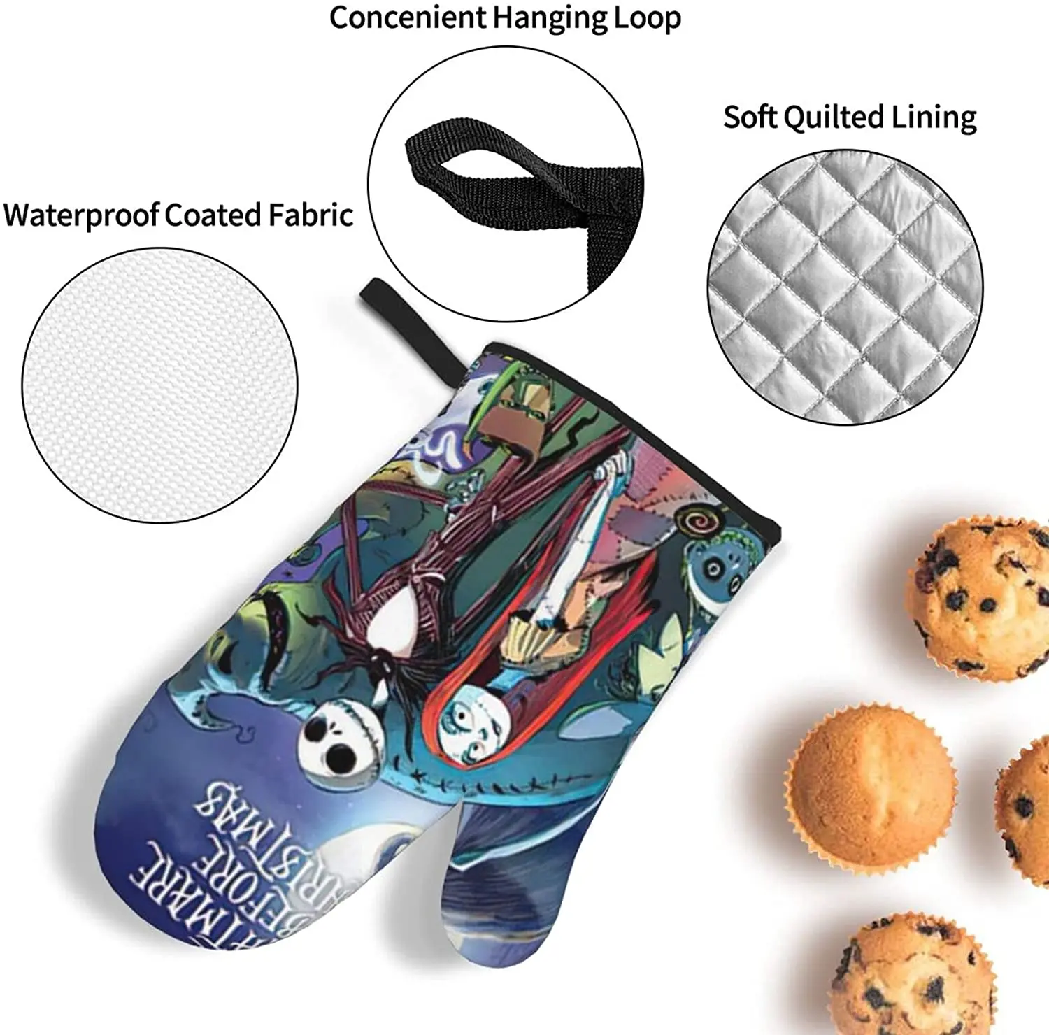 Waterpoof Oven Mitts And Pot Holders Sets The Nightmare Before Christmas With Lanyard High Heat Resistant Soft Cotton