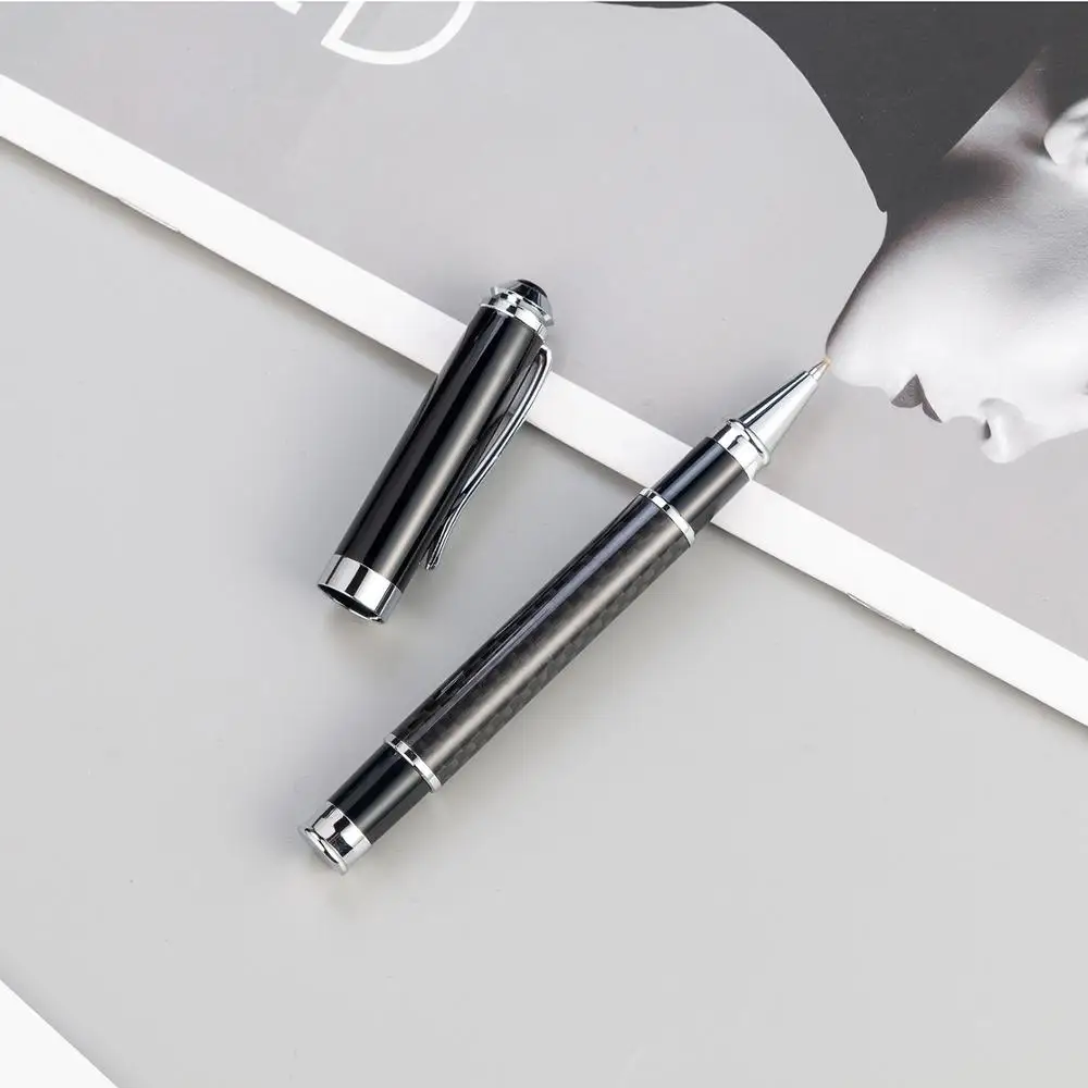  Heavy Logo Laser Engraved Metal Roller Ball Pens Biro For Gift Promotional Printed Black Carbon Fiber